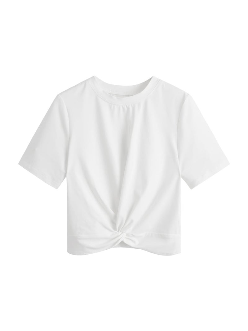 MakeMeChic Women's Summer Crop Top Solid Short Sleeve Twist Front Tee T-Shirt A-White XS - Image 1